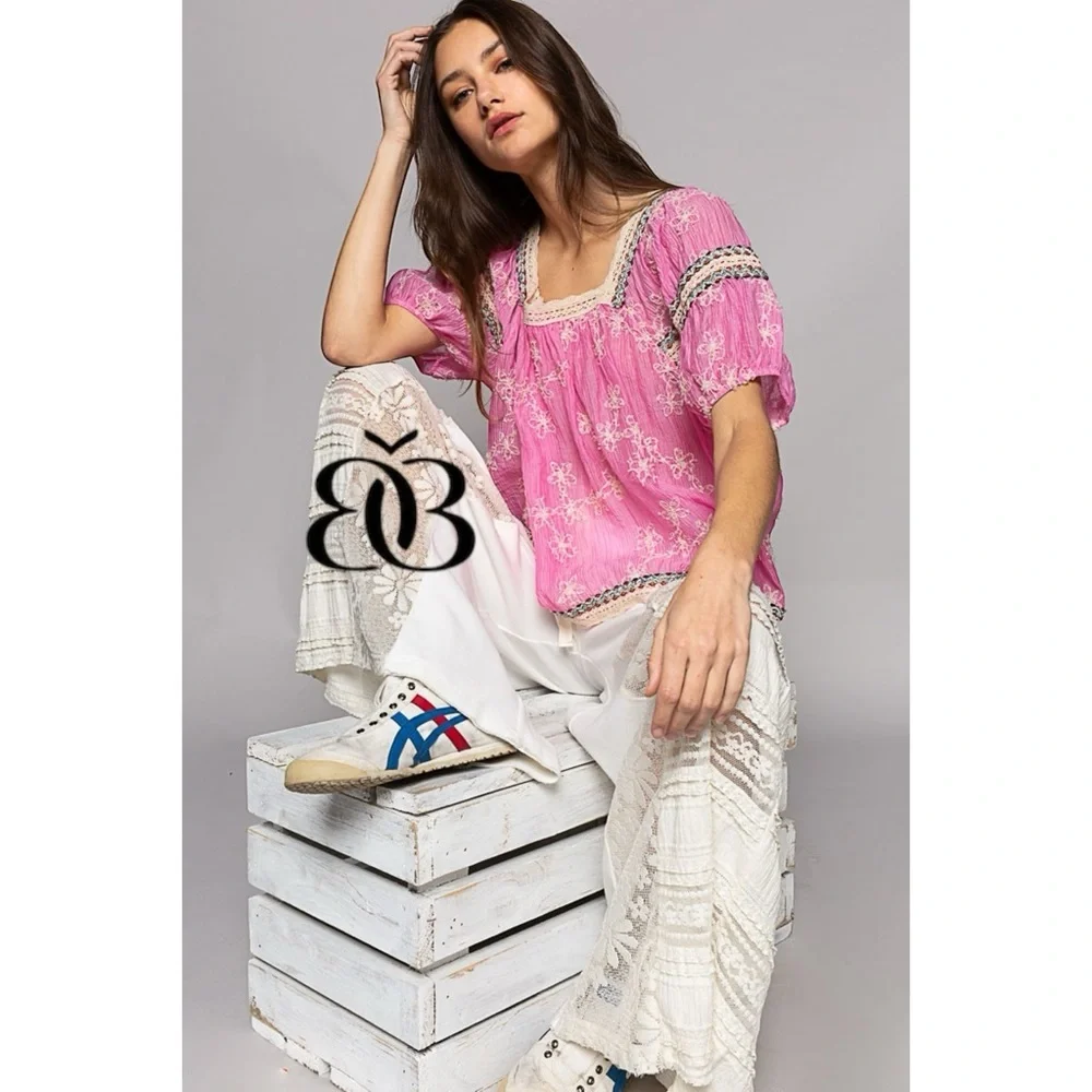 POL Pink Floral Embroidered Square Neck Chiffon Top Oversized - Picture 7 of 10